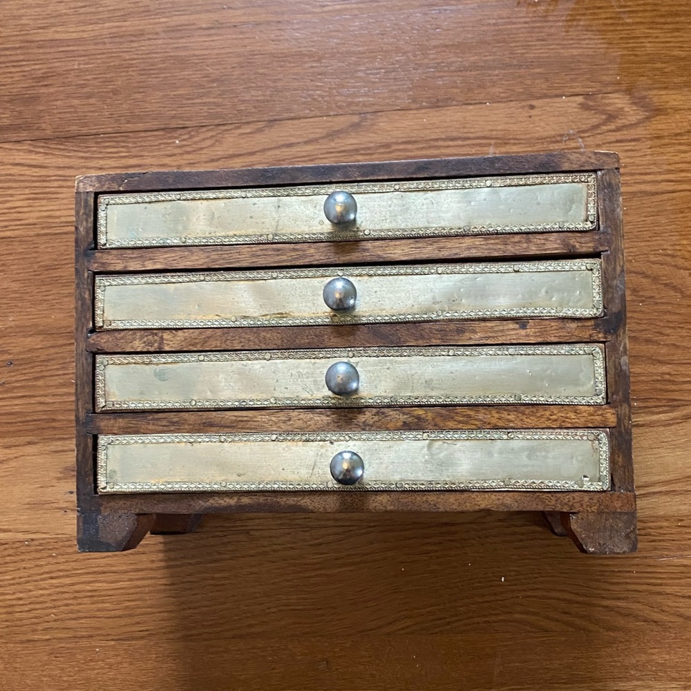 Rustic Brass and Wood Four Drawer Jewelry Box